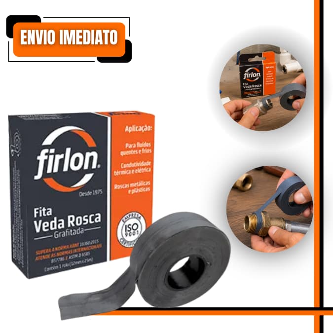 Fita Veda Rosca Grafitada Firlon 18mm x 25m PTFE Alta Vedação Anti Travamento