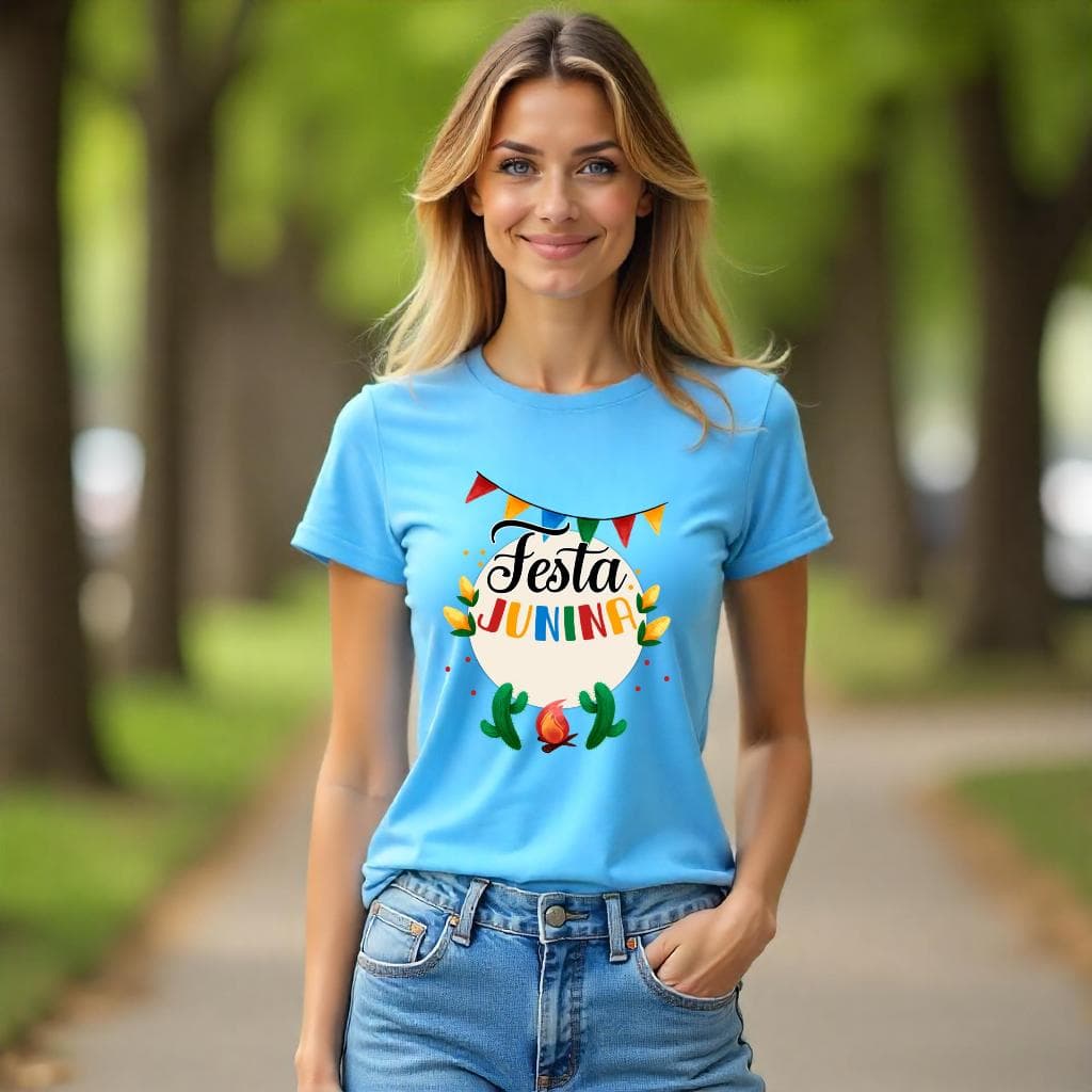Bella Gis Camiseta Azul Festa Junina Julina Roupa Caipira Arraial São João Quermesse Fogueira