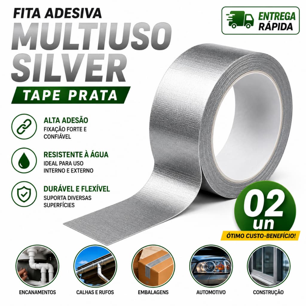 Fita Adesiva Silver Tape Multiuso 5 Metros 45mm Resistente , Prova D'agua Prata Cinza Industrial Doméstico