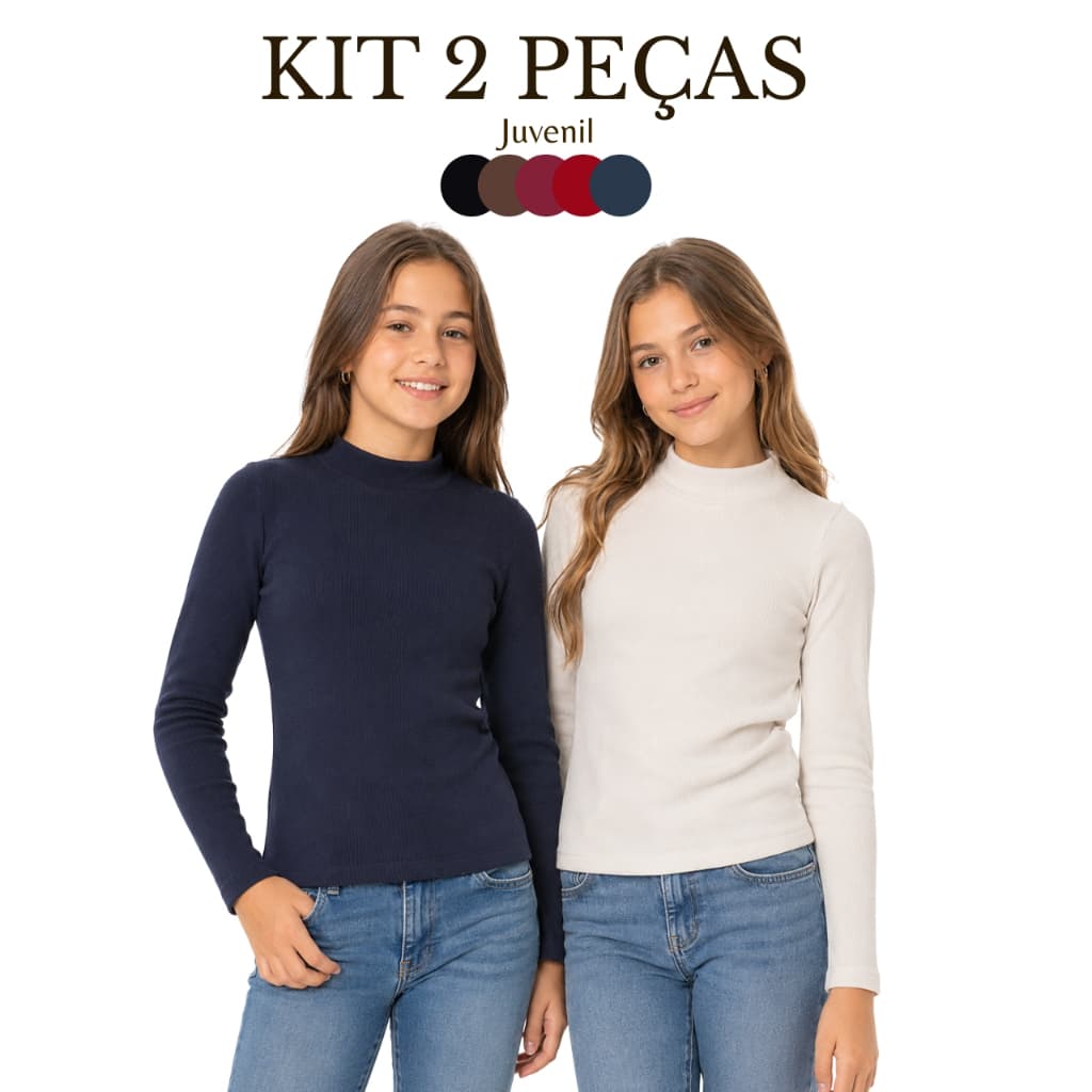 Kit 2 Peças Blusa Manga Longa Gola Alta Juvenil Menina Inverno Ribana Canelada Malha  Confortável
