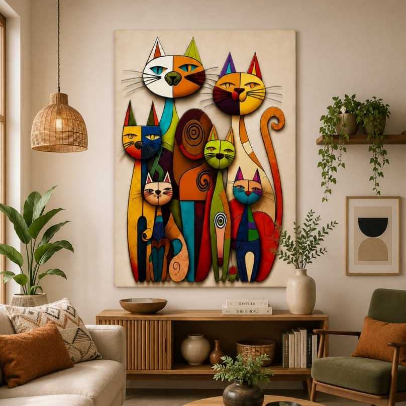 Quadro Decorativo Gatos Coloridos Abstratos Arte Moderna Criativa Sala, Quarto, Clínica Veterinaria