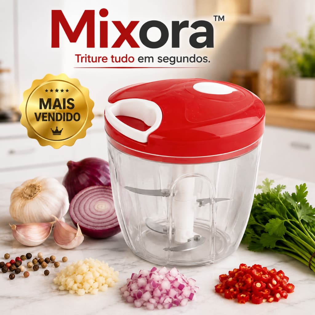 Mini Processador Manual Mixora™ Triturador Alho Cebola Temperos Compacto Multifuncional