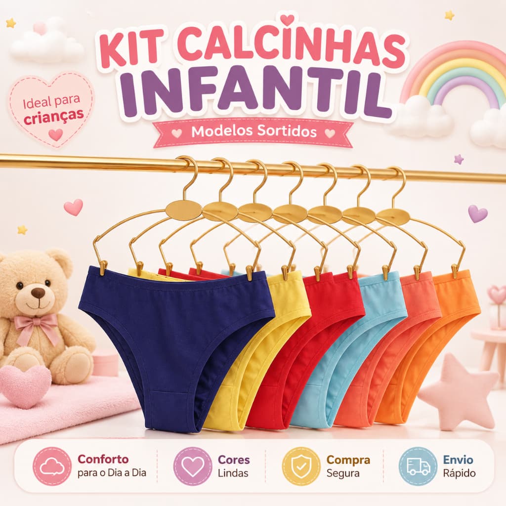 Kit com 10 Calcinhas Infantis em Cotton Fio 30.1 com Forro 100% Algodão Menina Moça Juvenil