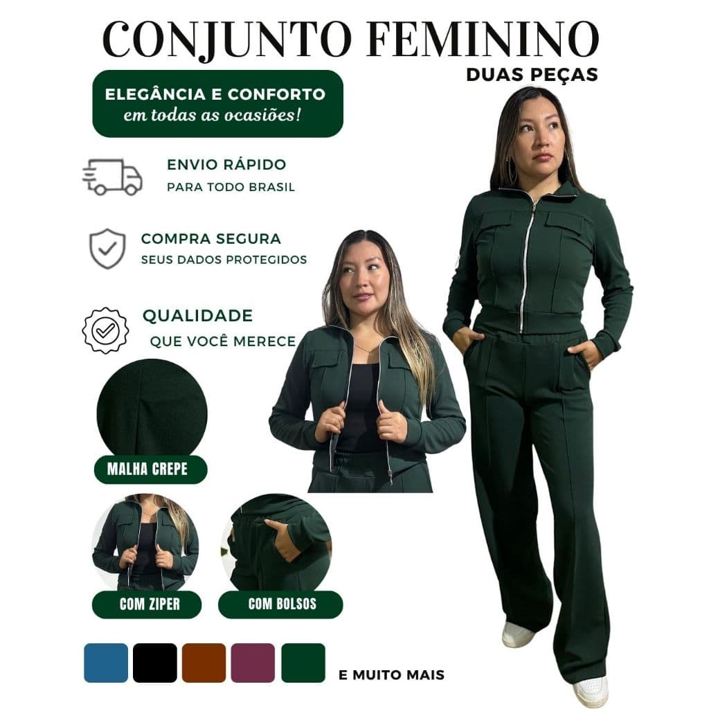 Conjunto Feminino Alfaiataria em Malha Crepe Premium Calça e Blusa