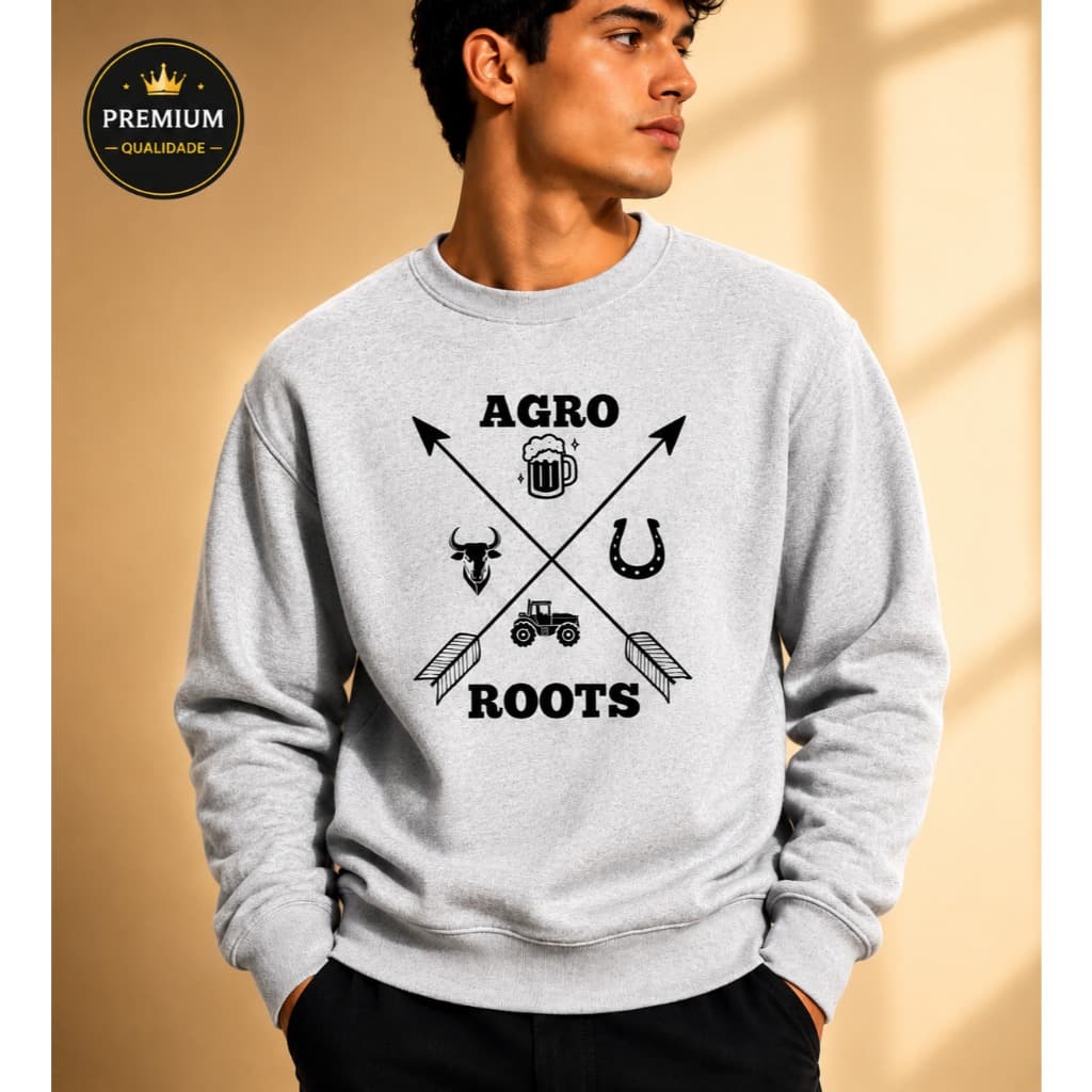 Moletom Sem Capuz Estampa Agro Roots Blusa de Frio Flanelado Com Punho Masculino Feminina Gola Redonda