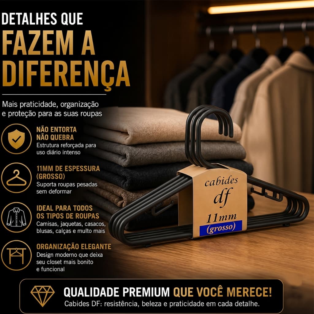 Cabide Adulto Preto Grosso 11mm Reforçado Resistente Kit 12 / 24 / 36 / 72 Unidades Organizador