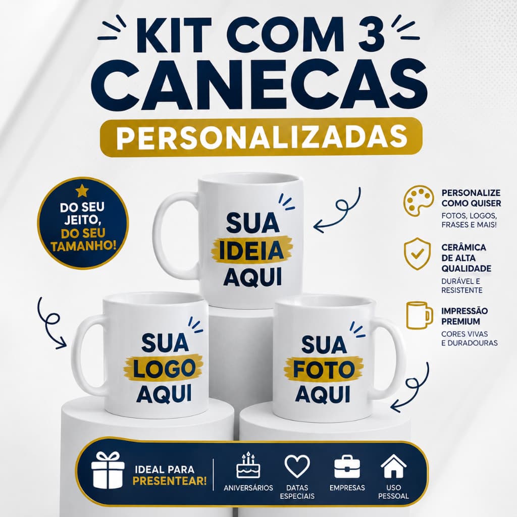 Kit 3 Canecas Personalizadas Foto|Logo|Arte|Nome|Presente Criativo para Empresa| Natal| Aniversário