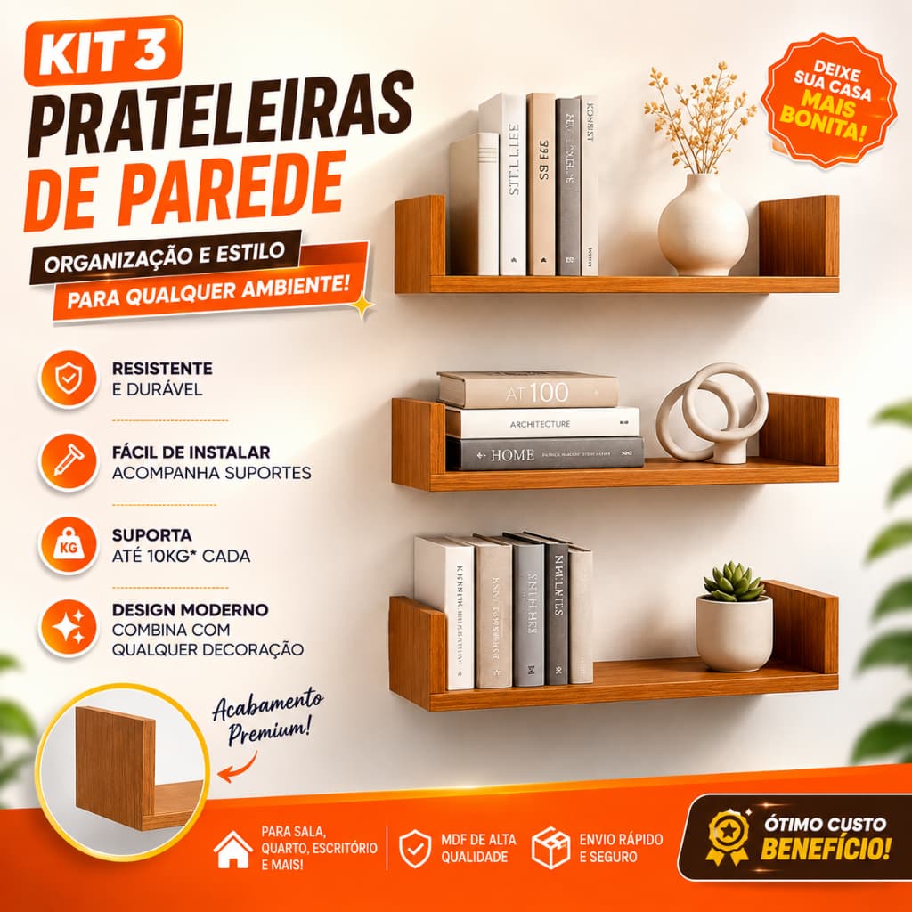 Kit 3 Prateleiras U Mdf 60x15 Freijó Livros Revista Mdf 15mm 60x15cm Suportes Grátis