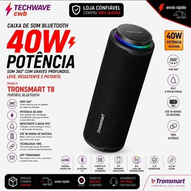 Caixa De Som Bluetooth Tronsmart T8 40W Som 360° IPX7 TWS RGB Bluetooth 5.3 Portátil