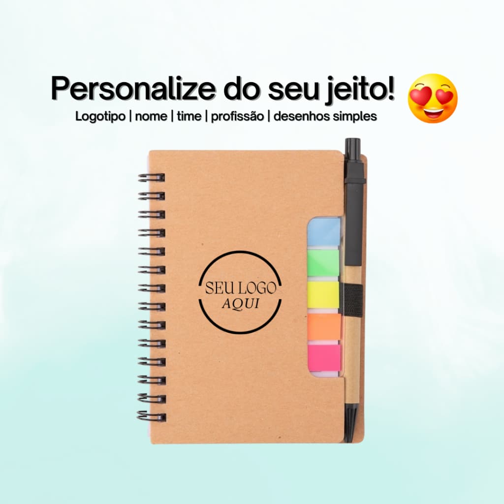 Bloco de Anotações Personalizada com Autoadesivos e Caneta - nome/logo/escola/trabalho