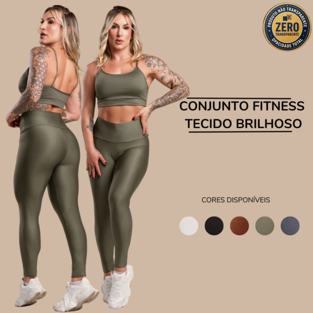Conjunto Fitness Feminino Brilhoso Academia Top Cropped Alça e Calça Legging Lisa Esportiva Cintura Alta DRB Modas