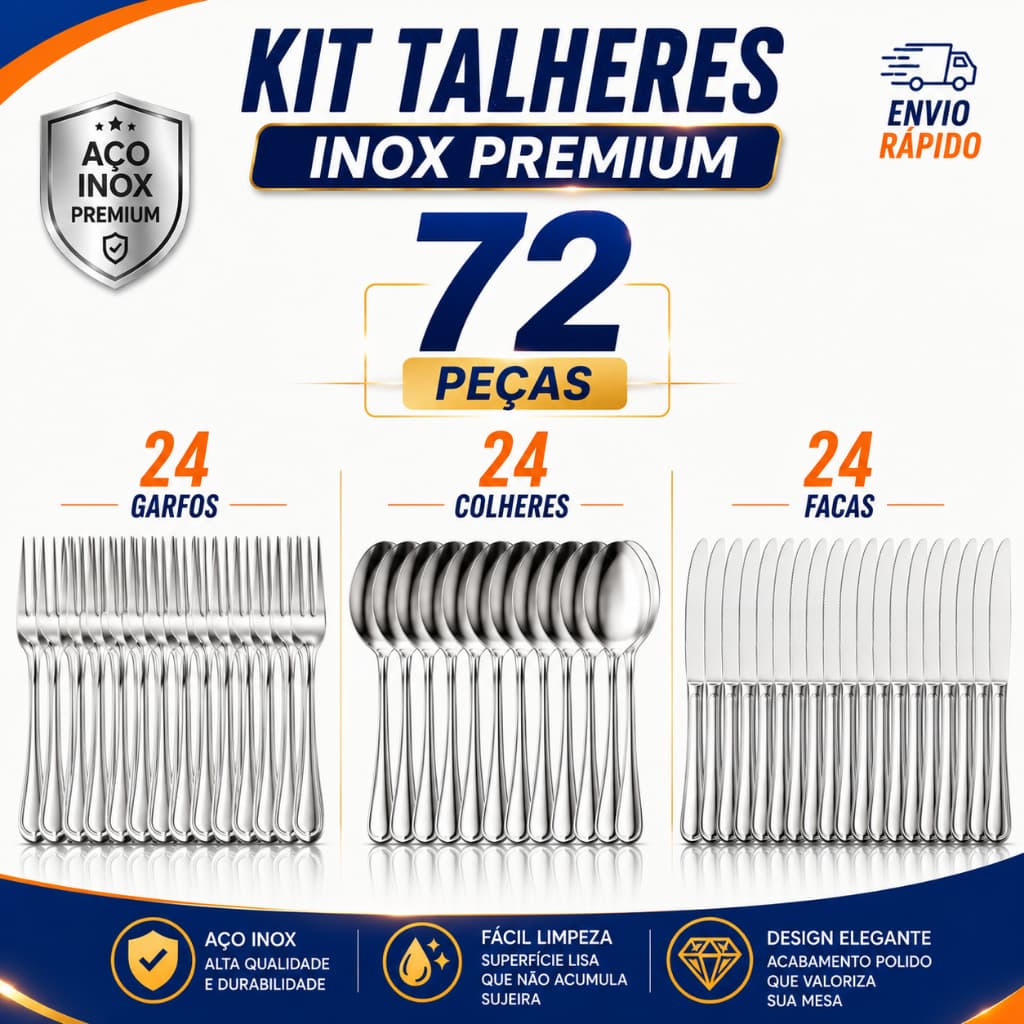 Jogo Talheres  72 PÇ Garfos e Facas e Colheres Aço Inox Premium Ideal para Restaurante e Buffets Bar