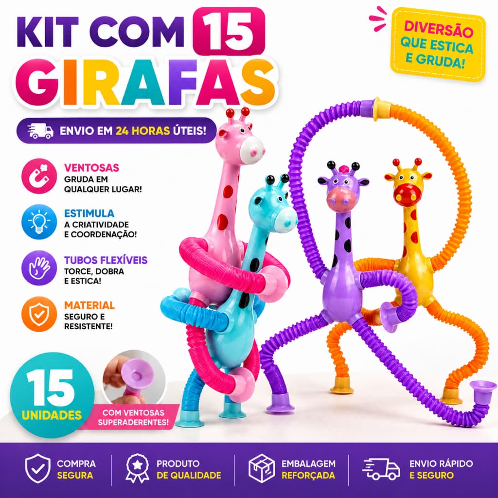 Kit c/15 Tubo Esticado Girafa Brinquedo com Ventosa Led