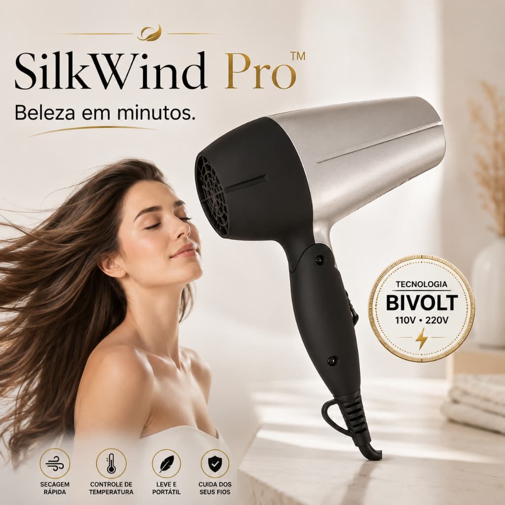 Secador de Cabelo Portátil SilkWind Pro 1200W Bivolt Automático Compacto Profissional Anti Frizz