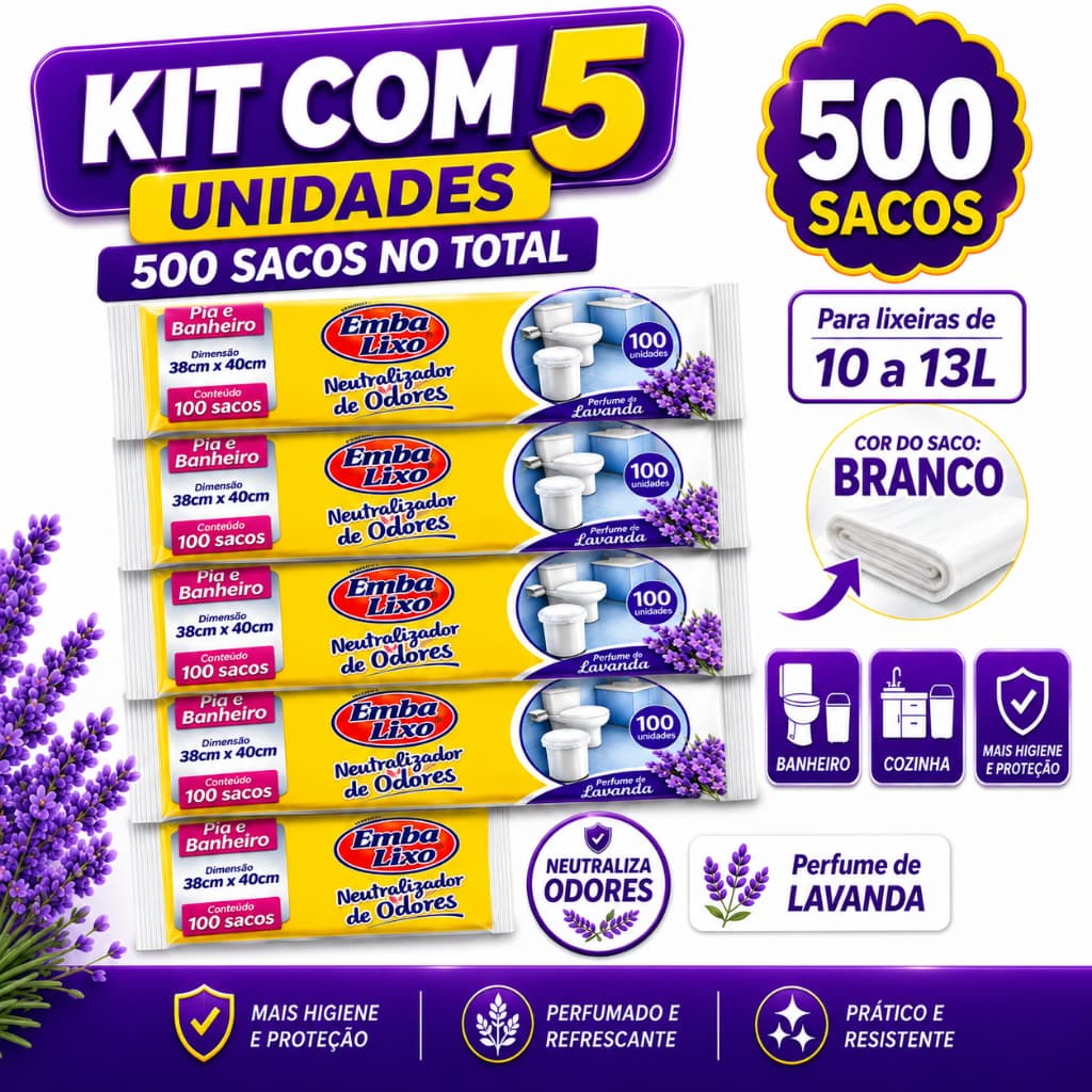 Kit 5 Sacos De Lixo Antiodores Cozinha Banheiro Perfume e Lavanda Embalixo Premium 500 Unidades 10 a 13Litros