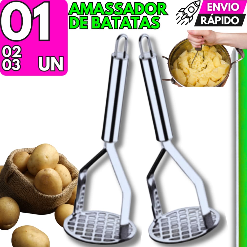 03/02/01 Amassador de Batatas Papinha Legumes Cozinha Espremedor Manual Aço Inoxidável