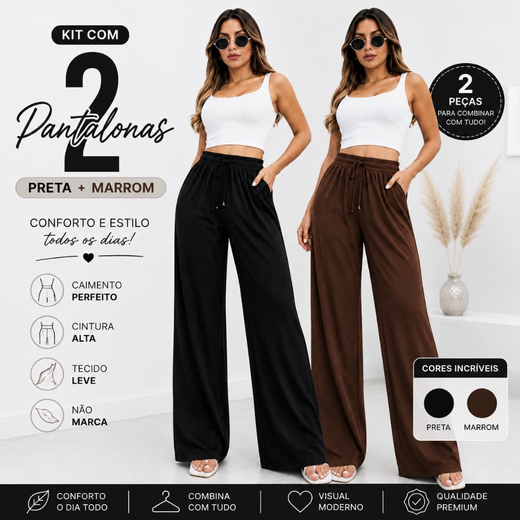 Kit 2 Calça Pantalona Feminina Duna Cintura Alta Com Bolso Elegante