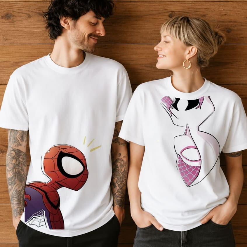 kit camiseta casal homem aranha, blusas combinando presente criativo namorado e namorada, geek super heroi