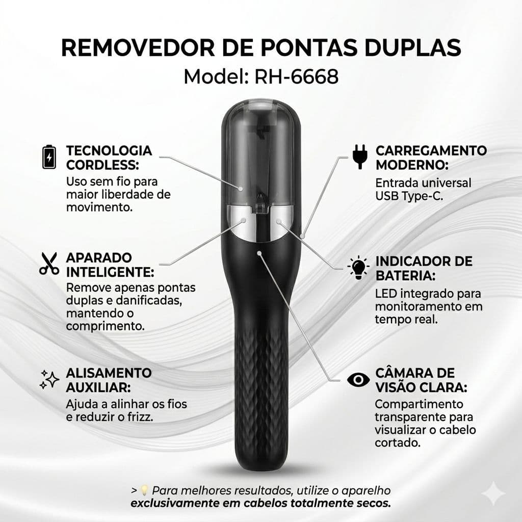 Aparador  Removedor de Pontas Duplas Sem Fio RH-6668 Recarregável 2 em 1 Polidor Capilar USB Profissional Bivolt