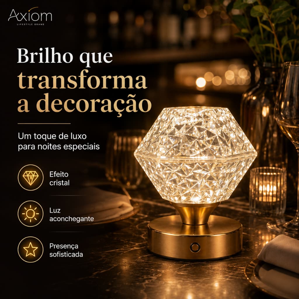 Abajur De Mesa Cristal Axiom LED Luminária Touch 3 Cores Bivolt Acrílico Quarto Sala