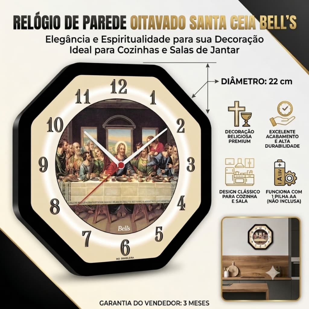 Relógio de Parede Oitavado Santa Ceia Cozinha Sala Branco Preto Decoração Religioso Católico