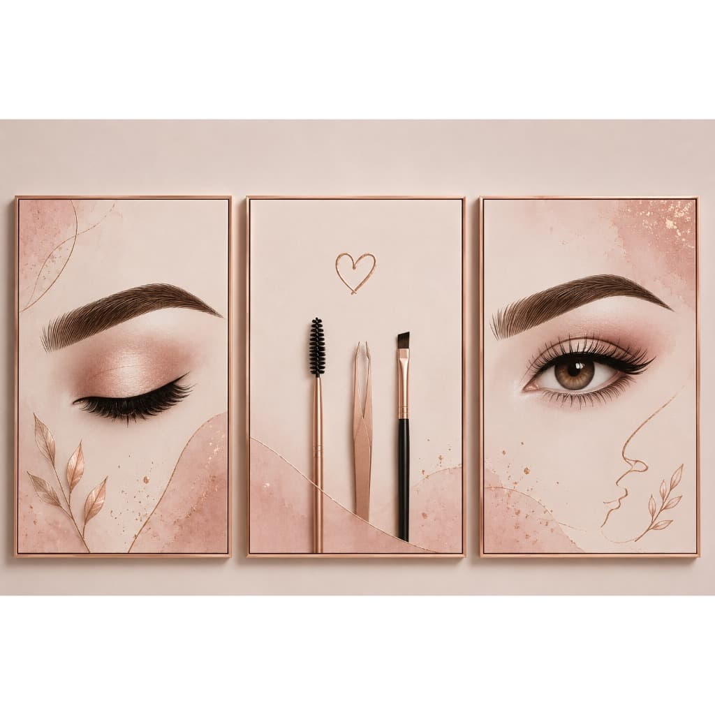Kit 3 Quadros Decorativos Studio Design de Sobrancelhas Cílios Maquiagem Placa Mdf