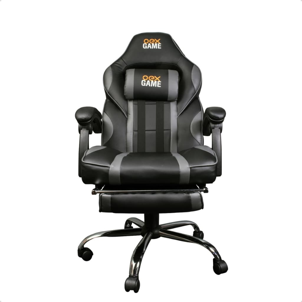 Cadeira Gamer Estofado Couro Sintético 150Kg OEX Game GC300 Apoio Lateral e Pés Retrátil Almofada Nas Costas