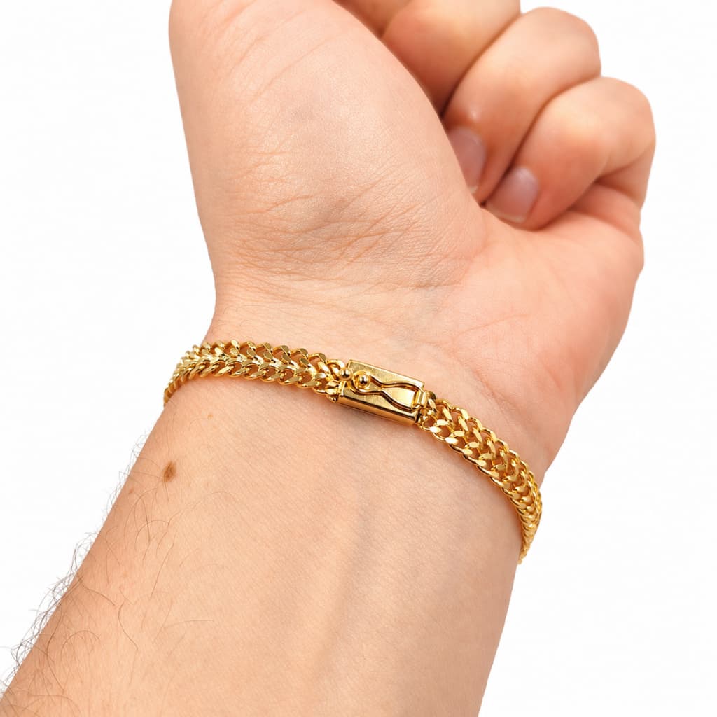 Pulseira Masculina Lacraia Flat 7mm Dourada Fecho Gaveta e Trava Elos Soldados Moeda Antiga