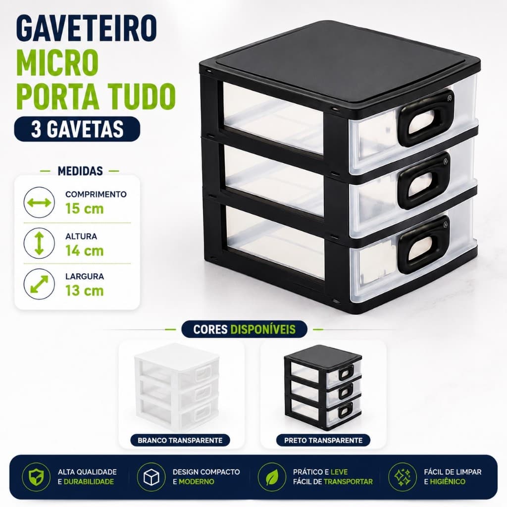Organizador De Mesa Gaveteiro Micro Porta Tudo 3 Gavetas