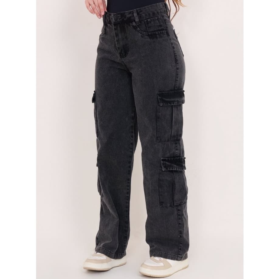 Calça Jeans Wide Leg Cargo Feminina  4 Bolsos Cintura Alta Despojada