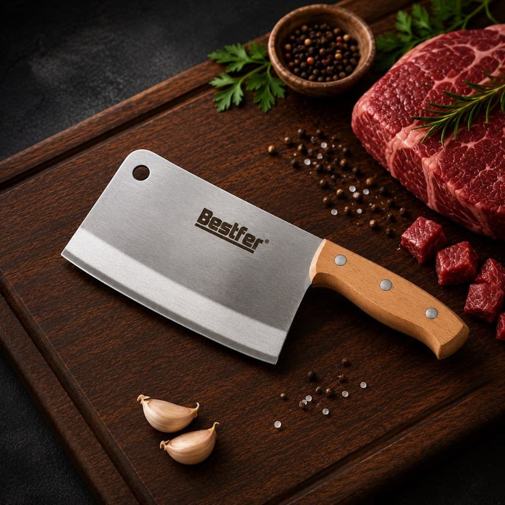 Cutelo Profissional 8” Cabo de Madeira | Faca Açougueiro Cozinha Churrasco Alta Resistência