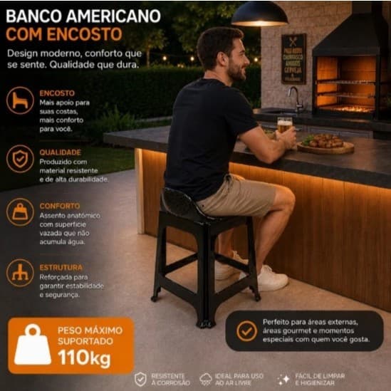 Banqueta Plástica Reforçada com Encosto Confortável  Design Moderno Suporta Até 110kg -Arqplast