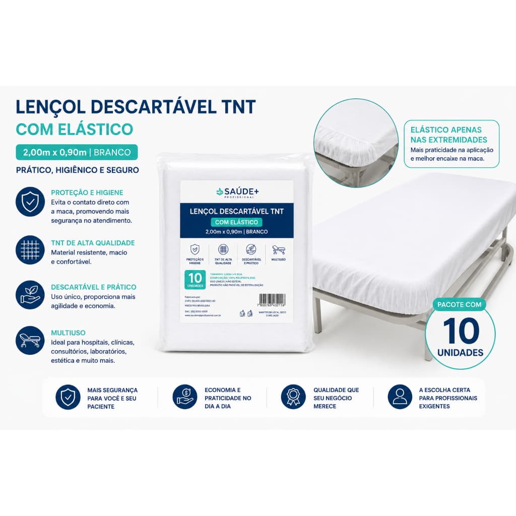 10un - Lençol Descartável TNT Com Elástico 2,00x0,90m Branco