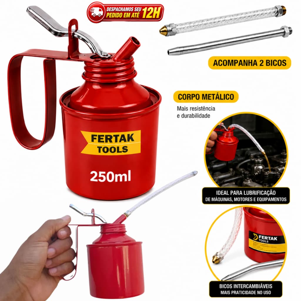 Bomba Óleo Almotolia Metálica Fertak 250 ML Com  2 Bicos (Flexível E Rígido)