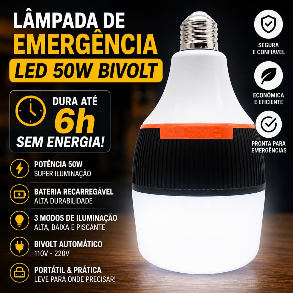 Lâmpada De Emergência 50w 6h Ligada Após Faltar Energia Led Bivolt Pilhas incluídas Recarregável