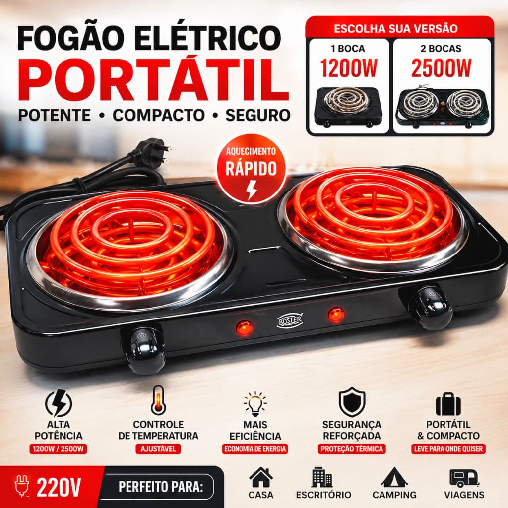 Fogão Elétrico 1 & 2 Bocas 1200W 2500W Portátil 220V  Esquenta Rápido + Compacto Potente