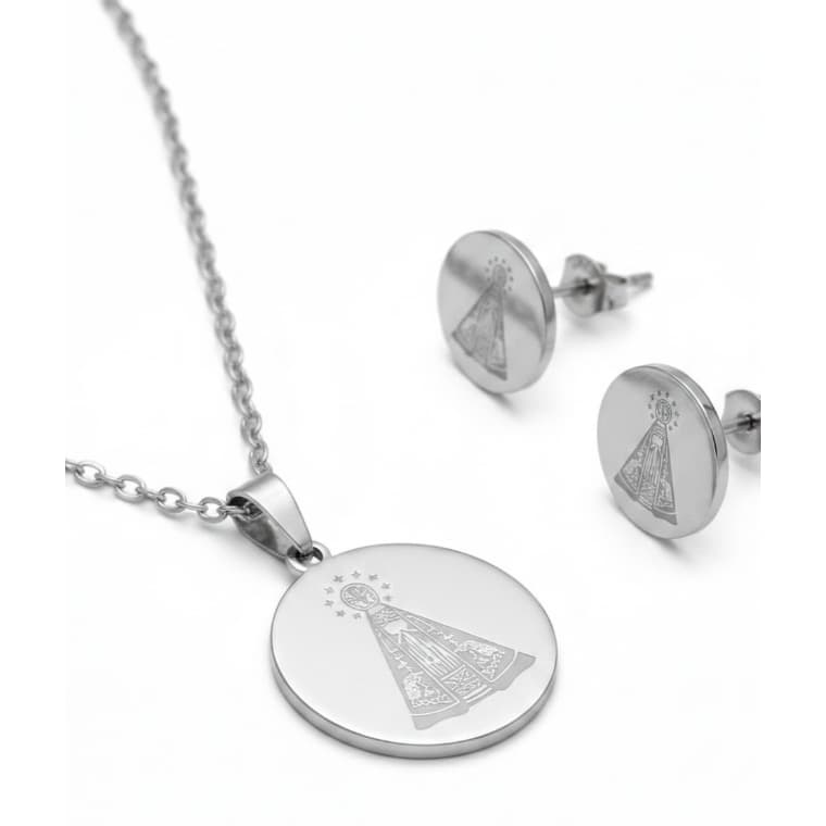 Conjunto Nossa Senhora Aparecida Aço Inox Colar e Brincos Dourado Prata Antialérgico