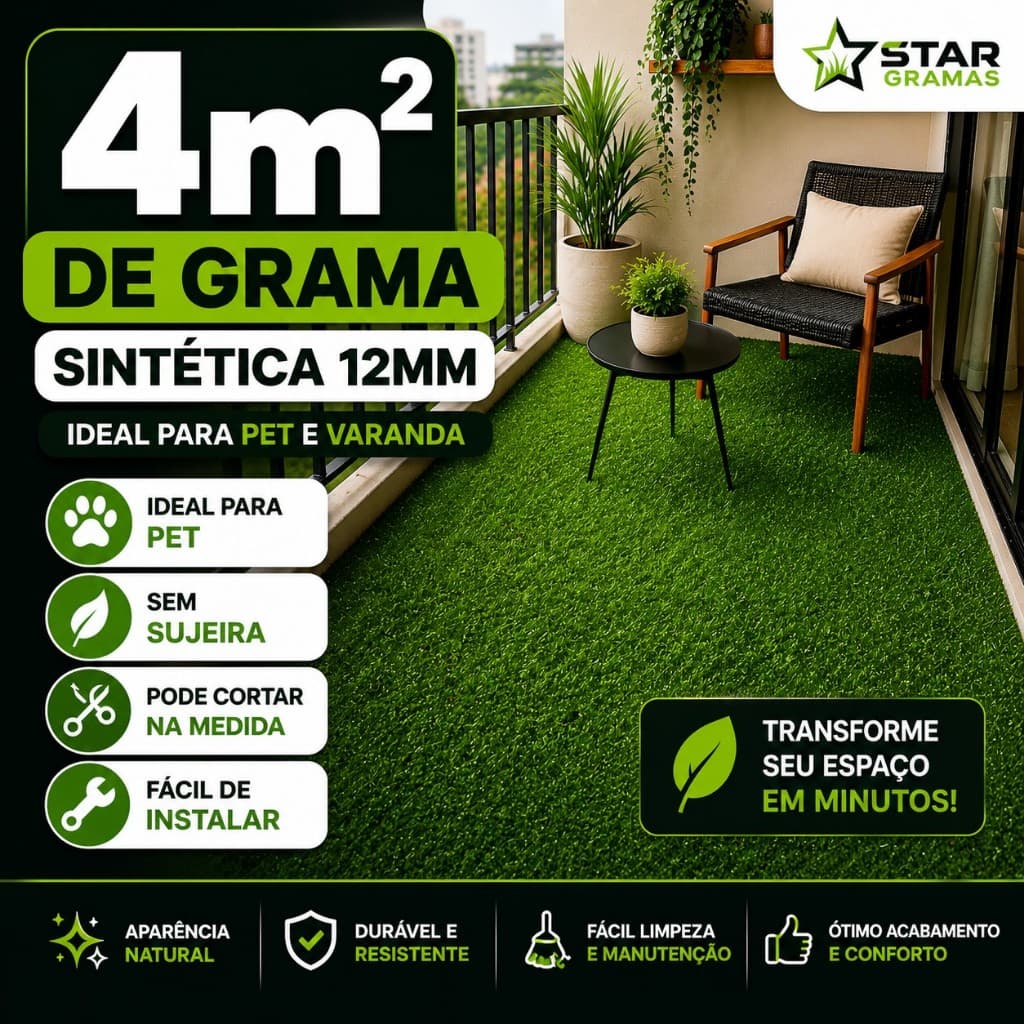 Grama Sintética 4m² para Jardim Varanda Pet Fácil Instalação Alta Durabilidade