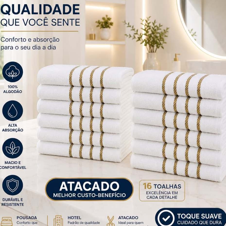 Kit 10 Toalhas de Banho Branca Hotel 100% Algodão 130 X 70cm Toalhas Lindas e Macias