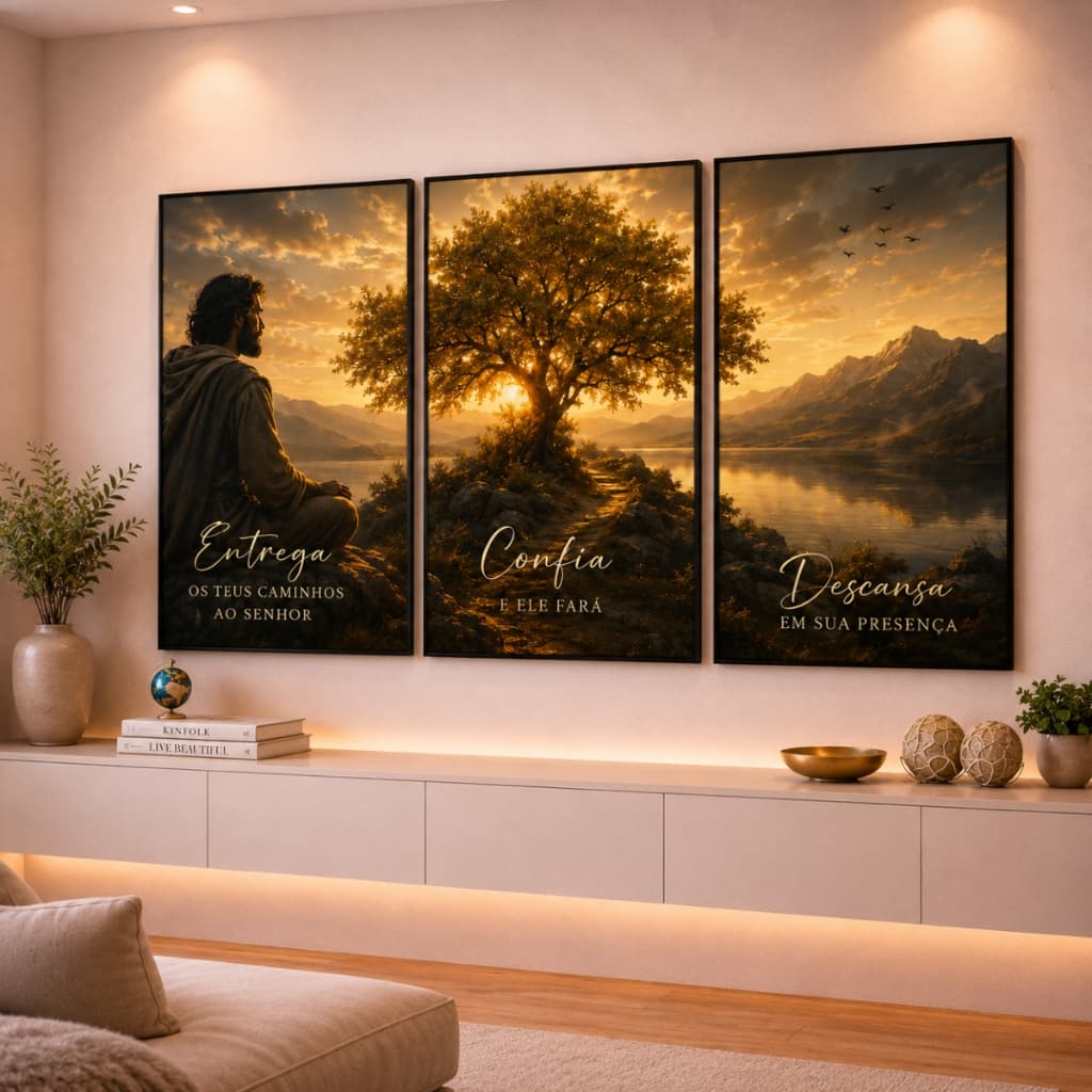 kit Quadro Decorativo Confia Descansa Religioso Jesus Natureza Arvore Por do Sol Moderno 3 peças