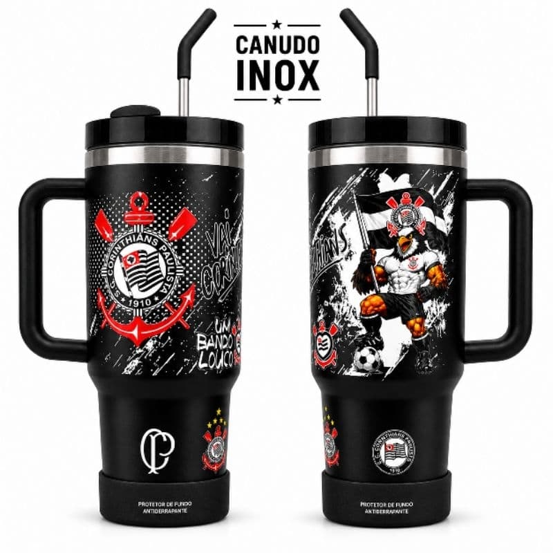 Copo Térmico 1200ml com Tampa e Canudo Inox | Estampa Personalizada torcida Corinthians Timão preto e branco