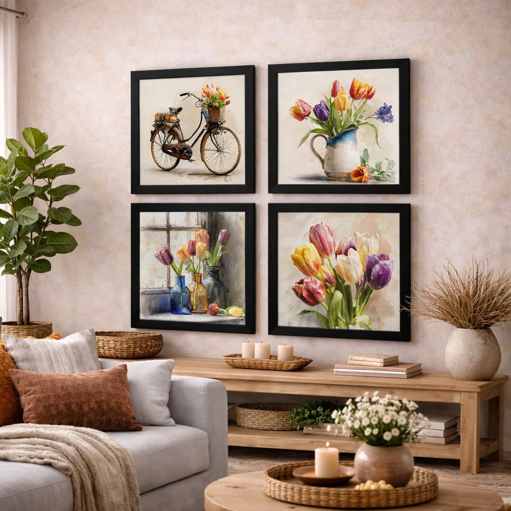 Kit Quadros Decorativos Tulipas Vintage – 4 Peças com Moldura Preta para Sala, Quarto ou Lavabo