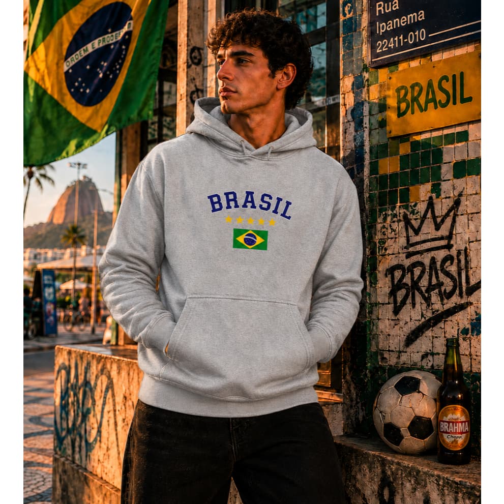 Moletom Canguru Brasil Copa Blusa De Frio Em Algodão Com Capuz e Bolso