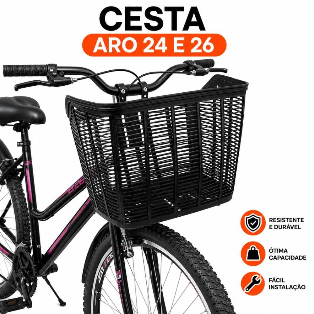 Cesta Cestão Cestinha Nylon Preta Bicicleta Aro 24 e 26 Com Haste 34x22x25cm Grande Bike