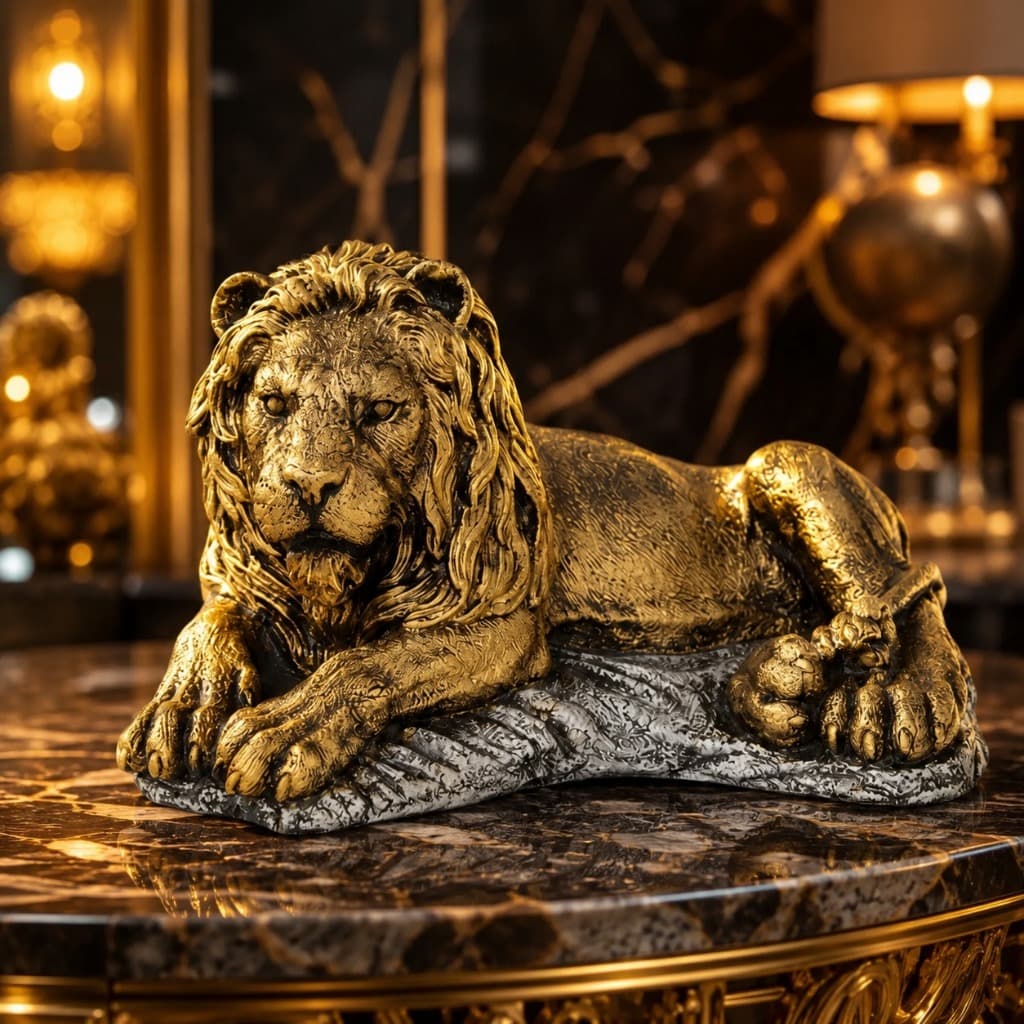 Estatueta Leão Decorativo Escritório Presente Cor Ouro Velho