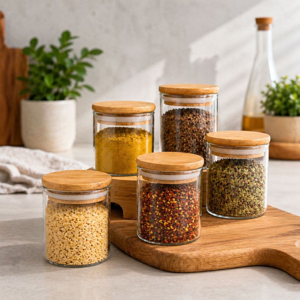 Kit Potes Tempero Mantimentos Vidro Tampa De Bambu 300ml Organizador de Cozinha