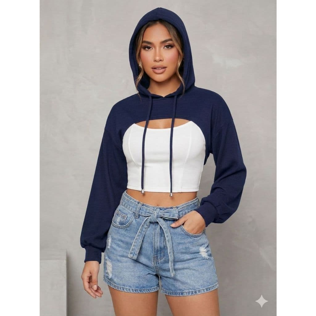 Croped Feminino Manga Longa com Capuz Design Moderno