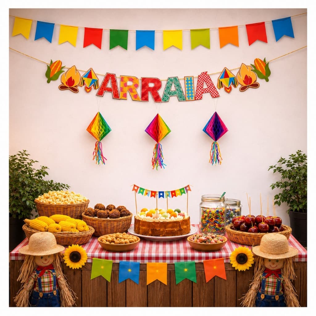 Decoração Faixa Arraiá + 3 Balão Festa Junina Colméia com Fitas 20cm Coloridas Varal Bandeirinhas
