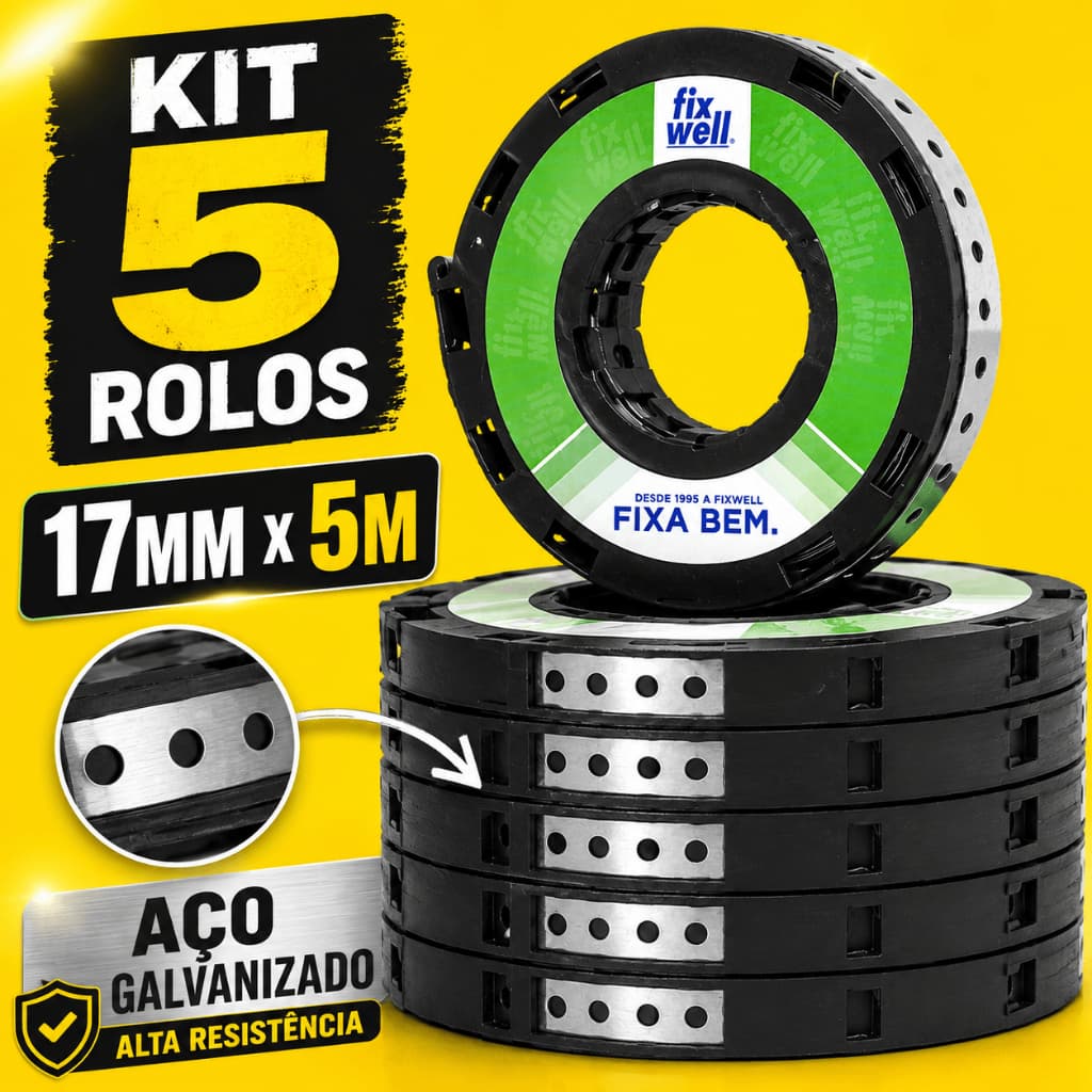 Fita de Aço Perfurada 17mm x 5 Metros Profissional Rebobinável Alta Resistência 1 3 e 5 Rolos