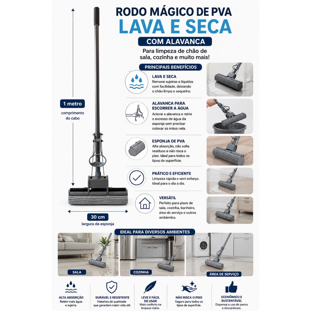 Rodo Mop Mágico PVA Fácil Limpeza Geral Plus Lava E Seca Com Alavanca